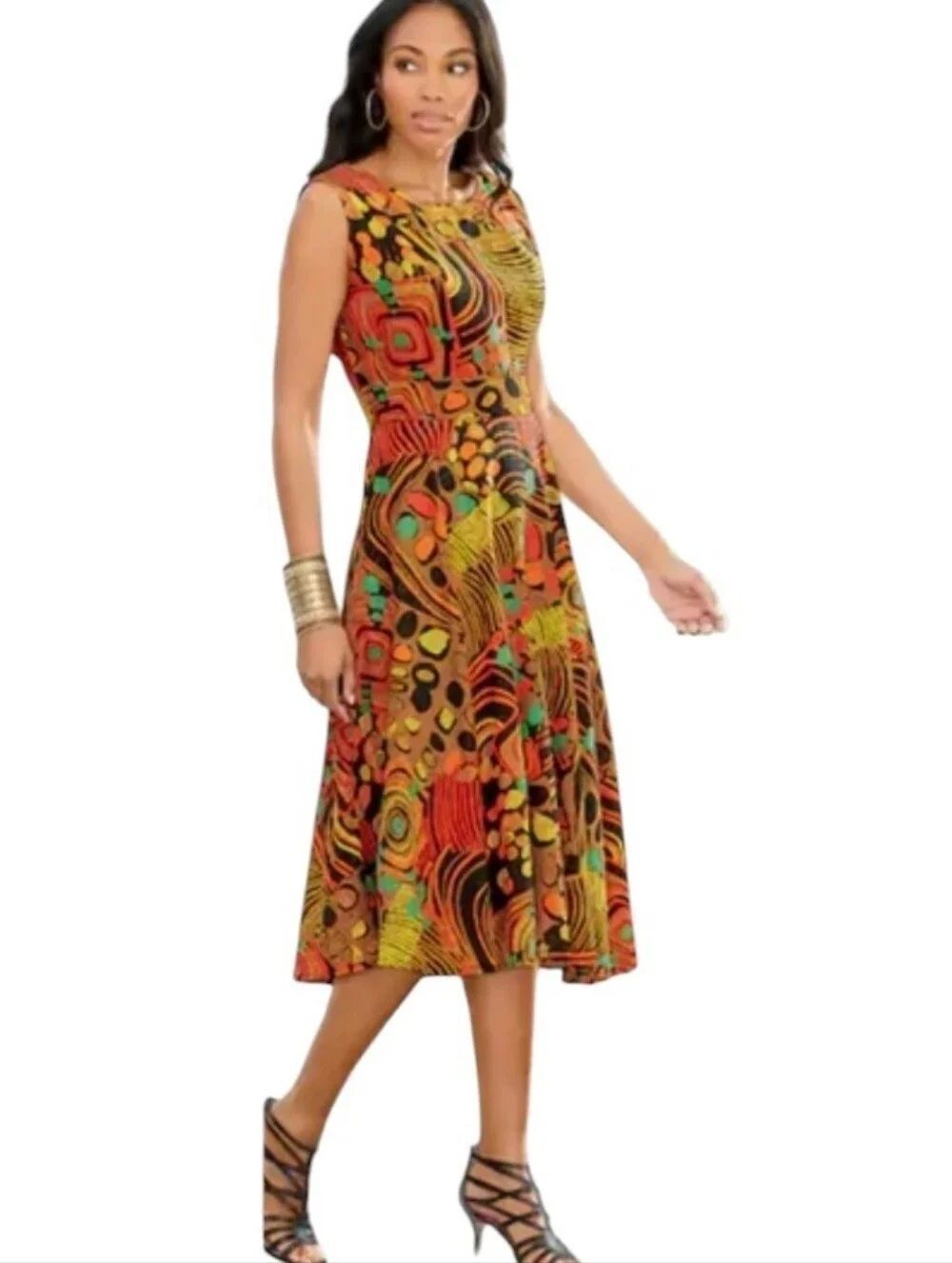 Ashro Emelie Dress Burnt Orange Multi Afrocentric Midi Sleeveless Cotton 6